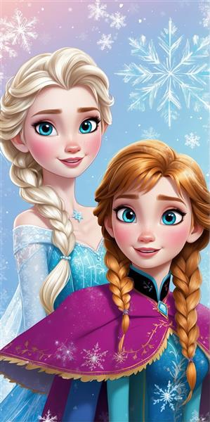 پوستر نزدیک السا و آنا با پس‌زمینه صورتی و آبی و دانه‌های برف