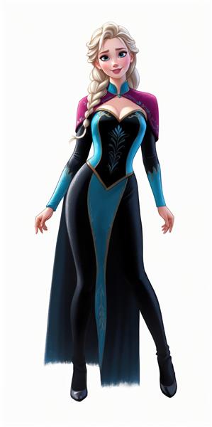 تصویر کامل السا با لباس فانتزی مشکی و آبی با شنل صورتی روی زمینه سفید