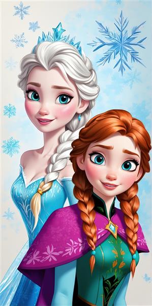 تصویر کلوزآپ السا و آنا با تاج یخ و پس‌زمینه برفی ملایم