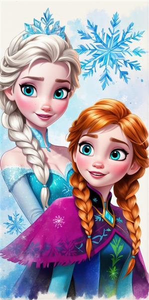 طرح آبرنگی السا و آنا با تاج و گل‌های برفی در پس‌زمینه روشن