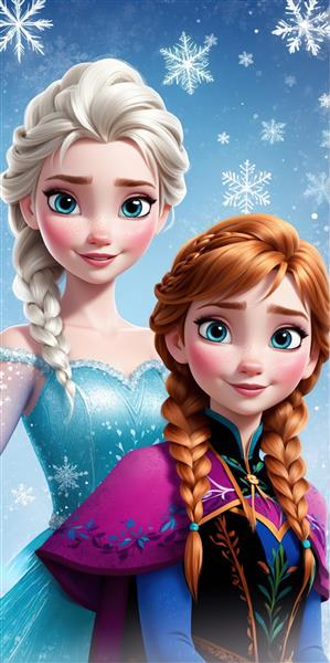 پوستر عمودی السا و آنا در نمای نزدیک با پس‌زمینه آبی آسمانی و برف