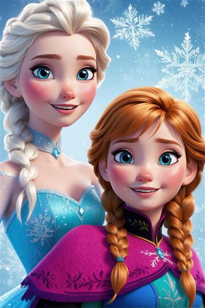 طرح دکوراتیو کلوزآپ السا و آنا با دانه‌های درشت برف و لبخند