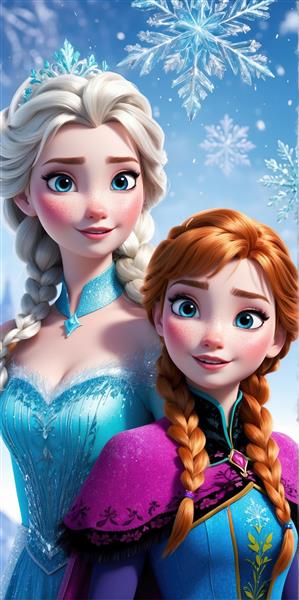 پوستر کلوزآپ السا و آنا در روز برفی با دانه‌های بزرگ کریستالی