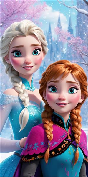 کلوزآپ پرتره السا و آنا با پس‌زمینه درختان زمستانی و برف