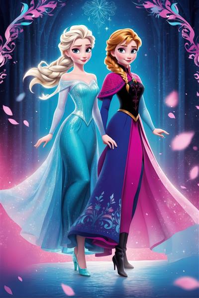 تصویر تمام قد السا و آنا در حال قدم زدن با پس‌زمینه رمانتیک صورتی و آبی