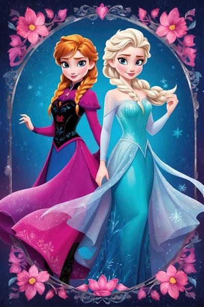 السا و آنا با لباس مجلسی در قابی از گل‌های صورتی روی زمینه آبی تیره