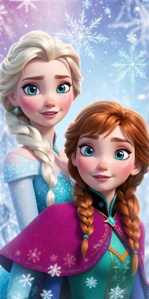 تصویر کلوزآپ جذاب السا و آنا با دانه‌های بزرگ برف