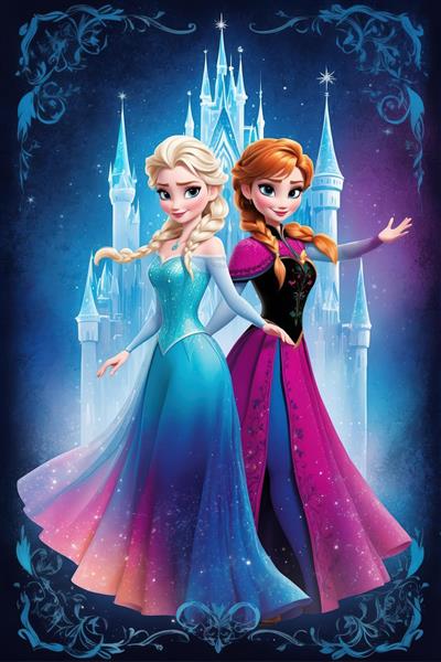 پوستر السا و آنا در مقابل قلعه یخی با تم رنگی آبی تیره و بنفش