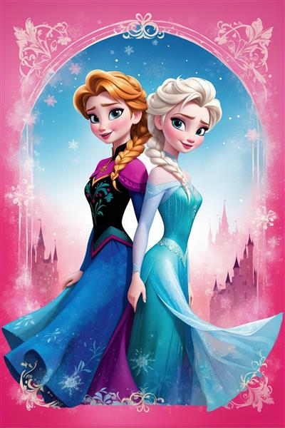 تابلو السا و آنا پشت به پشت در قابی صورتی با پس‌زمینه برفی و قلعه