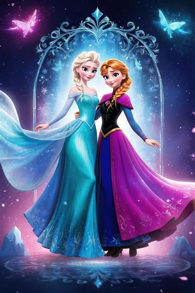 تصویر السا و آنا با پروانه‌های درخشان و پس‌زمینه جادویی شب