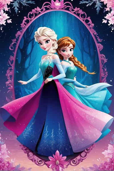 تصویر دکوراتیو السا و آنا در قاب آینه‌ای صورتی و جنگل اسرارآمیز