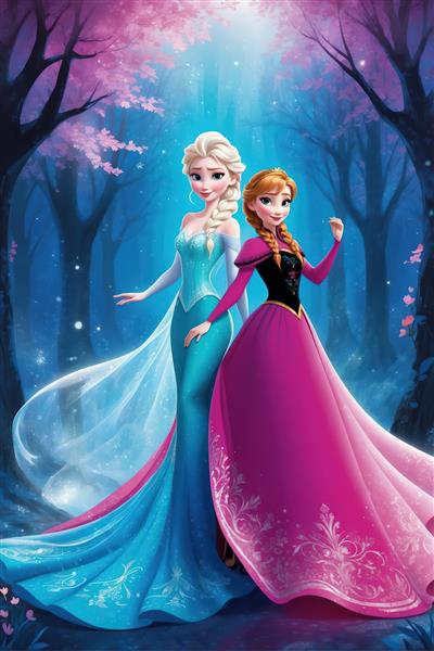 السا و آنا در جنگل درختان گیلاس صورتی، زیر نور آسمانی، طرح فانتزی باکیفیت