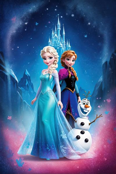 السا، آنا و اولاف جلوی قلعه یخ‌زده، پس‌زمینه کوهستانی، تصویر چاپی با کیفیت