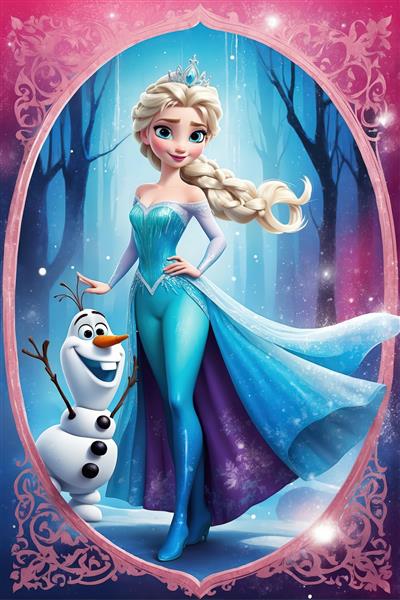 السا و اولاف در قاب بیضی صورتی، لباس آبی و تاج کریستال، پوستر دکوراتیو