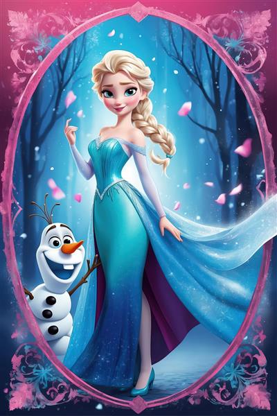 السا و اولاف در قاب بیضی صورتی، جنگل تاریک و نورانی، تصویر باکیفیت برای چاپ