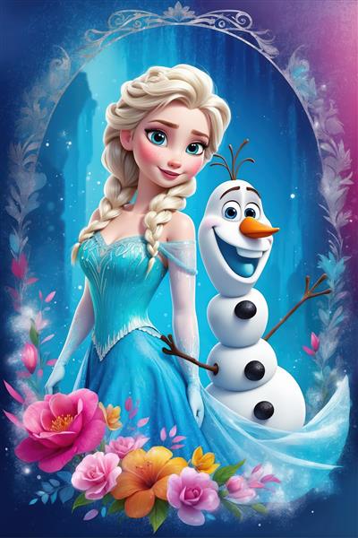 پرتره السا و اولاف با دسته‌گل‌های رز رنگی، طرح هنری با جزئیات بالا، مناسب چاپ تابلو