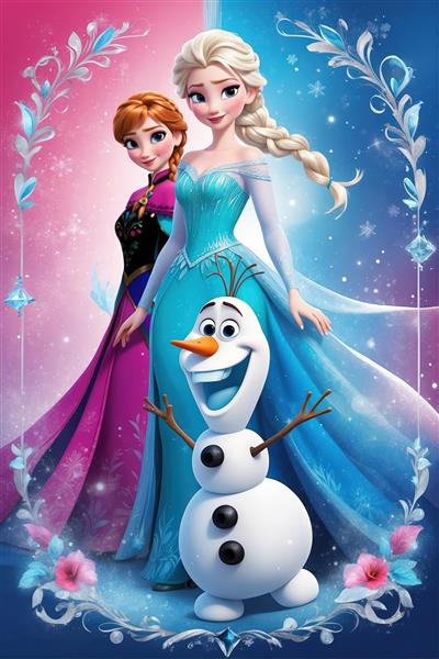 السا، آنا و اولاف در کنار هم، پس‌زمینه دو رنگ صورتی و آبی روشن، طرح چاپی دکوراتیو