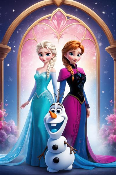 السا، آنا و اولاف زیر طاق قوسی صورتی و آبی، طرح باکیفیت برای چاپ پوستر