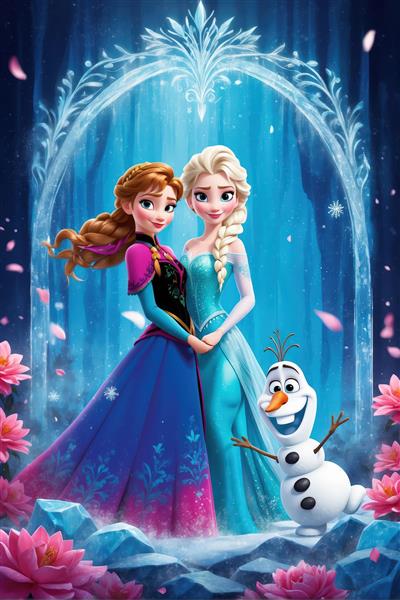 السا، آنا و اولاف زیر طاق یخی با گل‌های لوتوس صورتی، طرح هنری با کیفیت بالا