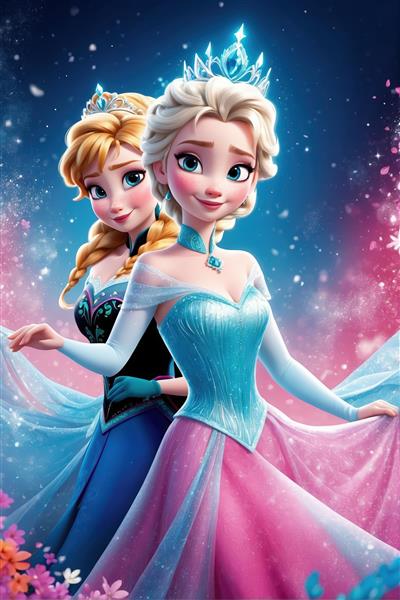 پرتره السا و آنا با تاج و لباس مجلسی، پس‌زمینه نورانی برفی، کیفیت فوق‌العاده