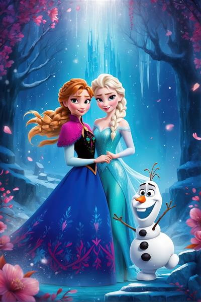 السا و آنا و اولاف در جنگل زمستانی صورتی، پس‌زمینه قندیل‌های یخ، مناسب دکور