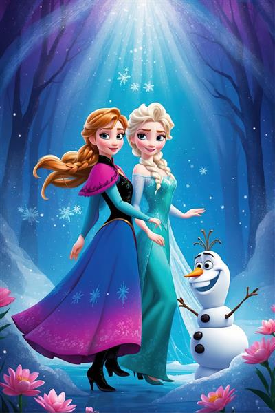 السا، آنا و اولاف در جنگل یخی نورانی با گل‌های صورتی، تصویر باکیفیت چاپی