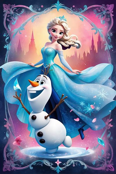 السا و اولاف در حال رقص، پس‌زمینه قلعه و نور صورتی و آبی، پوستر با کیفیت بالا