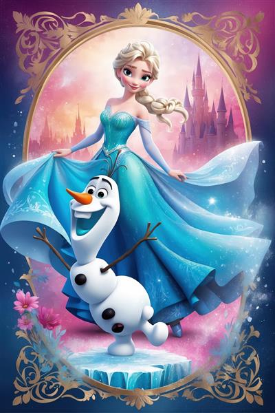 السا و اولاف در قاب طلایی روی پایه یخ، قلعه در پس‌زمینه رنگین، طرح فانتزی چاپ