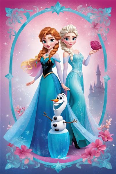 السا، آنا و اولاف در قاب بیضی آبی فیروزه‌ای، طرح گل و قلعه، پوستر کودک باکیفیت