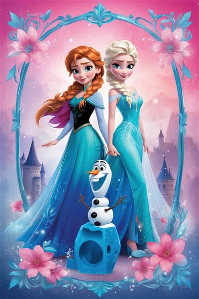 السا، آنا و اولاف در قاب آینه با حاشیه گل‌های صورتی و قلعه، فوق‌العاده باکیفیت