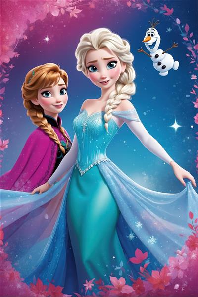 السا، آنا و اولاف با هم در قاب گل‌های صورتی، طرح نورانی و فانتزی، پوستر دکوراتیو