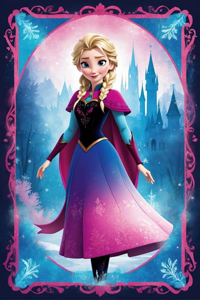 تصویر کارتونی آنا در قاب مستطیلی با پس‌زمینه قلعه و برف، دکور اتاق کودک