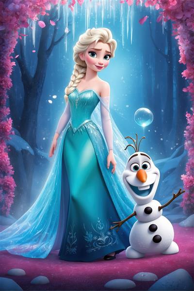 السا و اولاف با پس‌زمینه گل‌های صورتی و قندیل‌های یخ، طرح چاپی فانتزی