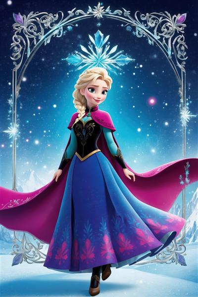 السا با لباس سنتی آبی در قاب کریستال برفی، پس‌زمینه کوهستانی، کیفیت چاپ بالا