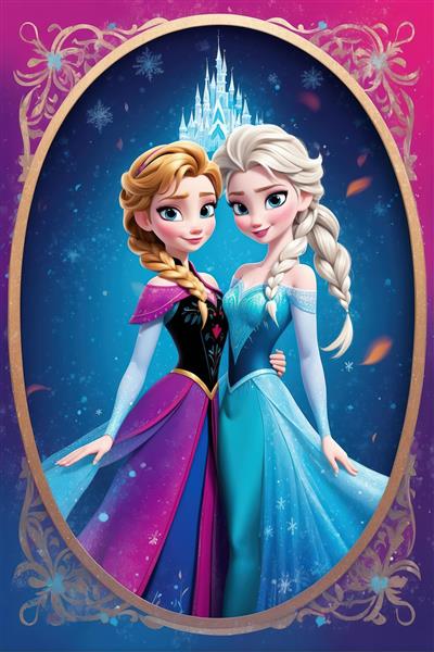 السا و آنا در آغوش یکدیگر درون قاب بیضی، قلعه یخ‌زده در پس‌زمینه، مناسب دکور