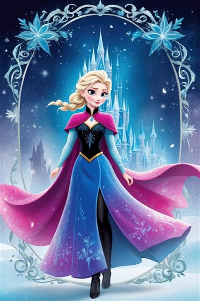 السا با لباس زمستانی و شنل بنفش جلوی قلعه برفی، تصویر باکیفیت برای چاپ عریض