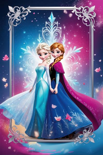 تصویر السا و آنا با زمینه کهکشانی و قاب نقره‌ای، طرح بلور برفی، مناسب چاپ باکیفیت