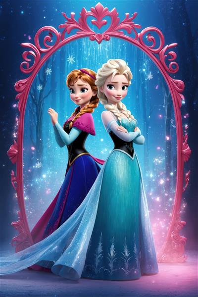 پوستر السا و آنا در قاب آینه قلبی صورتی، طرح فانتزی باکیفیت برای دکور دیوار