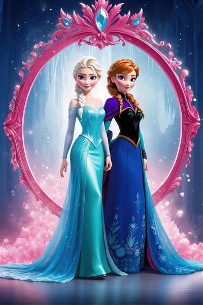 السا و آنا با قاب آینه صورتی درخشان در پس‌زمینه آبی، تصویر هنری برای چاپ تابلو