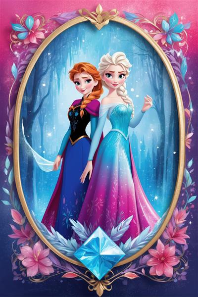 تصویر السا و آنا با قاب آینه بیضی شکل و گل‌های زینتی، سبک فانتزی با کیفیت چاپ بالا