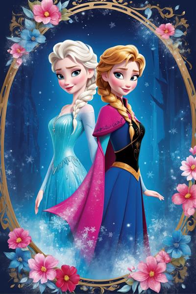 تصویر کارتونی السا و آنا در قاب طلایی با حاشیه گل‌های صورتی و آبی، مناسب دکوراسیون