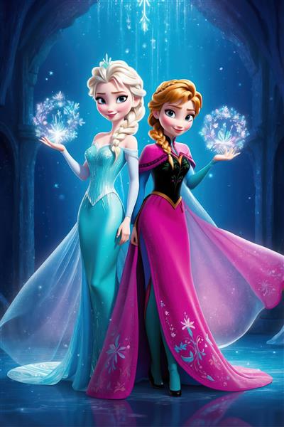 السا و آنا در لباس مجلسی آبی و سرخابی، با کریستال‌های برفی در پس‌زمینه درخشان آبی تیره