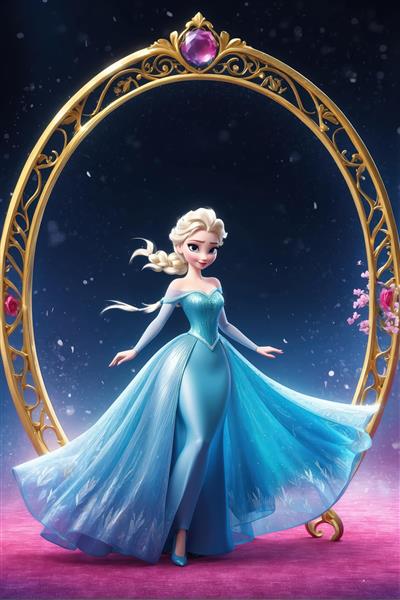 تصویر انحصاری السا با لباس آبی آویزان در قاب طلایی روی زمینه صورتی، دکور اتاق