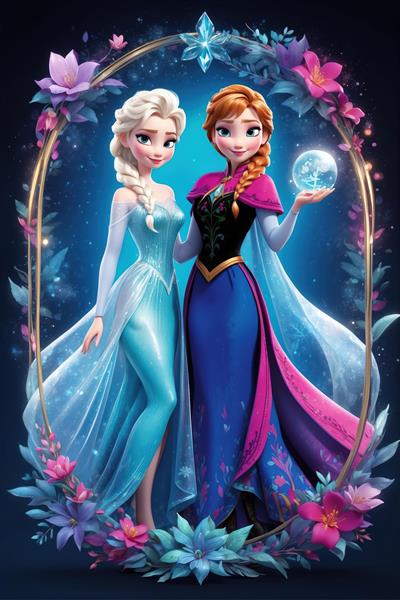 طرح قاب‌شده بیضی شکل از السا و آنا با گل‌های آبی و صورتی، کیفیت فوق‌العاده برای تابلو کودک