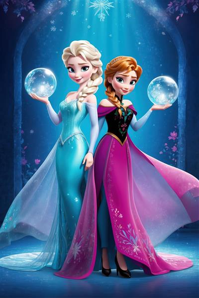 السا و آنا با گوی‌های کریستالی برفی در دست، تصویر اورجینال انیمیشن فروزن برای چاپ