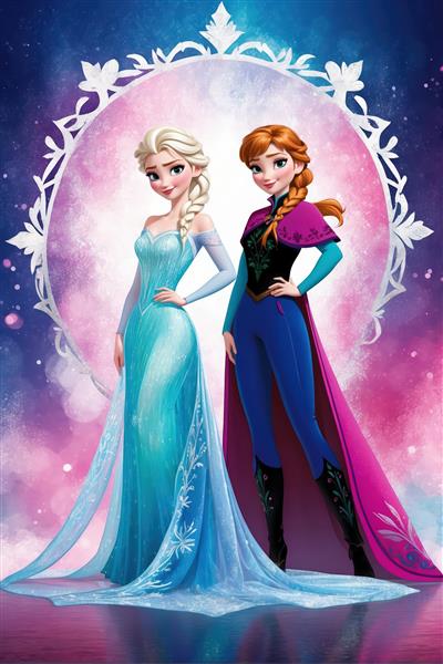 طرح گرافیکی السا و آنا در لباس‌های جدید با پس‌زمینه کهکشانی صورتی و آبی، فوق‌العاده باکیفیت