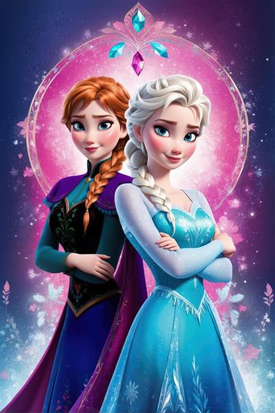 تصویر دیجیتال پرتره السا و آنا در نورپردازی صورتی و بنفش، مناسب چاپ دکوراتیو