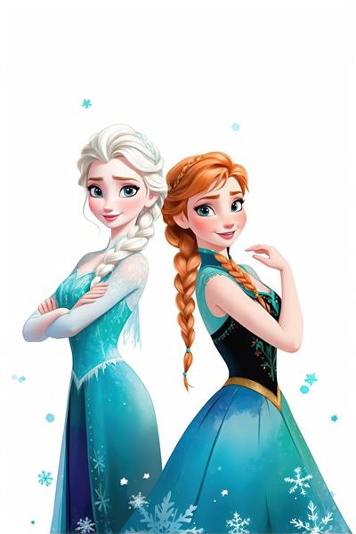 پوستر کارتونی السا و آنا از کارتون فروزن با پس‌زمینه سفید، کیفیت بالا برای چاپ تابلو