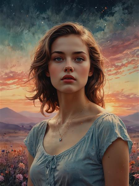 زن با لباس آبی و منظره آسمان انفجاری رنگین، سورئال و بسیار زیبا