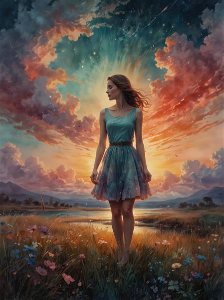 زن با لباس آبی در دشت گل و منظره آسمان انفجاری رنگین، سورئال